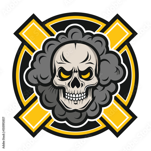 Design a striking emblem a skull engulfed in a toxic gas cloud, emanating exhaust fumes, styled boldly.  Include detailed textures.