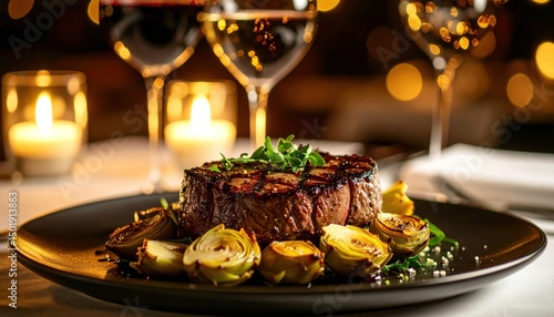 Gourmet steak dinner experience fine dining restaurant culinary art romantic ambiance close-up view food presentation