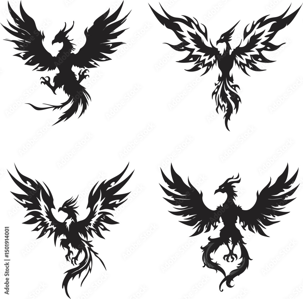 Fototapeta premium Majestic Phoenix Silhouettes – Mythical Bird Collection in Epic Fantasy Style