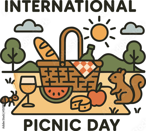 International Picnic Day is celebrated with flat vector illustrations that include picnic essentials, creative outdoor scenes, and minimal cute animal designs that evoke summer vibes and are ideal