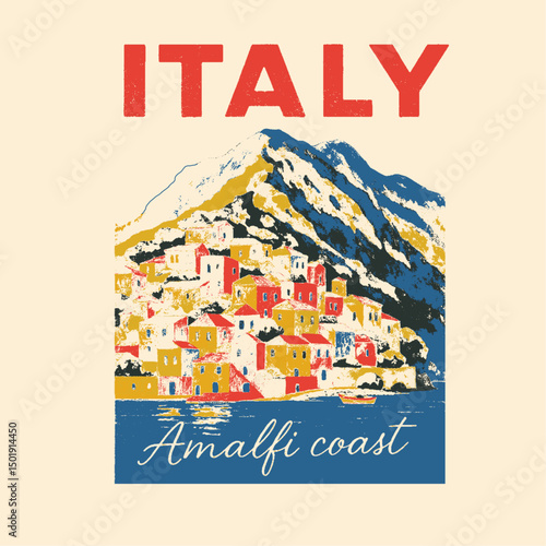 Italian summer travel vector illustration. retro vintage beach art. summer holiday graphic t shirt design, amalfi coast landscape vector illustration, travel italy vector,
