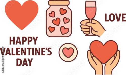 Happy Valentine's Day is represented by icons and objects, including a vector cute modern isolated illustration of a heart, a jar with valentines, a hand with glass, hands holding a heart, a logo