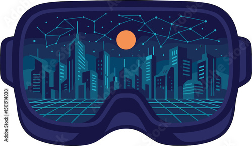 The concept of a metaverse city represents a futuristic vision, as seen through virtual reality glasses, embodying a digital world simulation and the integration of future digital technology