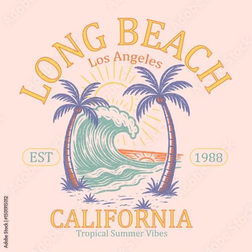 Long beach Los Angeles California summer retro color beach. vintage summer t-shirt design. big waves under the palm tree. sunset beach graphics. apparel print design.