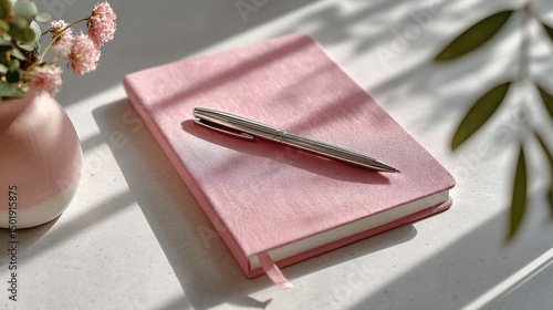 Minimalist flat lay of pink linen notebook with pen and flower vase on sunlit white desk ideal for feminine branding visuals, journaling themes and calm creative workspace designs