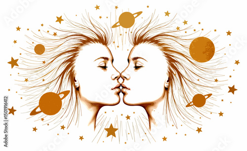 Two abstract faces kissing surrounded by celestial elements  