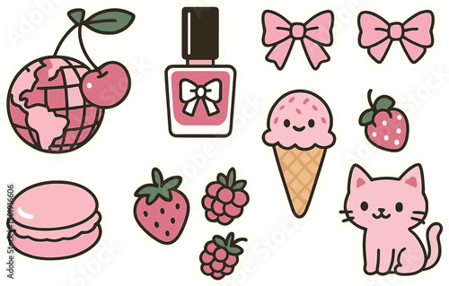 The Coquette Y2K sticker set features an assortment of pink, girly elements, including a disco ball globe, cherry, nail polish bottle, cute hair bows, ice cream cone, macaroon, kawaii cat, and