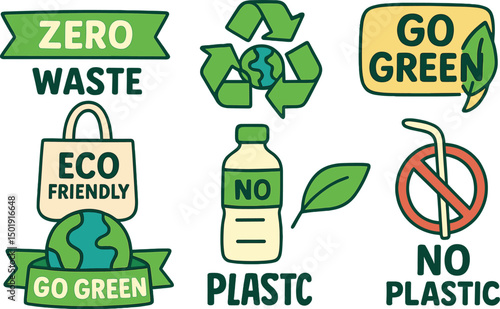 A set of ecology stickers featuring zero waste, recycling, eco-friendly, go green, and no plastic themes, presented as modern isolated vector badges in a doodle hand-drawn style for web and print use