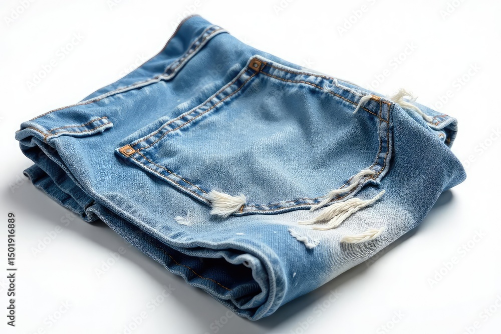Light wash distressed jeans, folded, against white, texture, antique, close-up Light wash distressed jeans, folded, against white, texture, antique, close-up