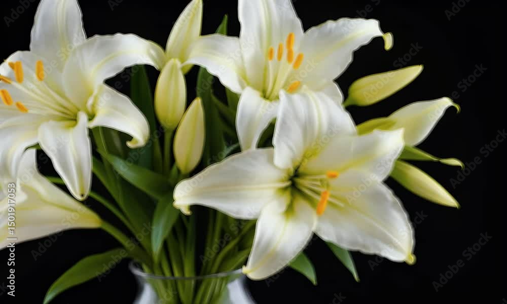 Elegant white lilies blossom in a graceful arrangement against dark backdrop Elegant white lilies blossom in a graceful arrangement against dark backdrop