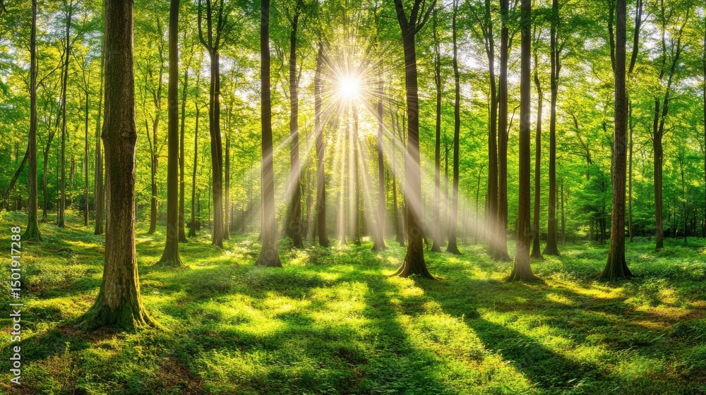 Fototapeta premium Sunlight Streams Through Verdant Trees in Tranquil Forest Setting