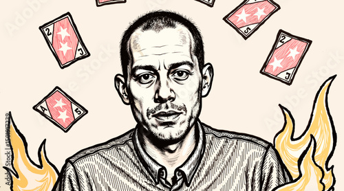 Man surrounded by playing cards and flames in a graphic illustration  