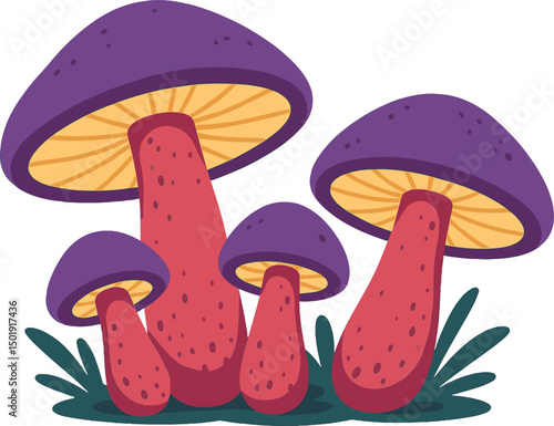 Vector illustration of a group of inedible forest mushrooms featuring a purple cap, including poisonous and toxic boletus fungi