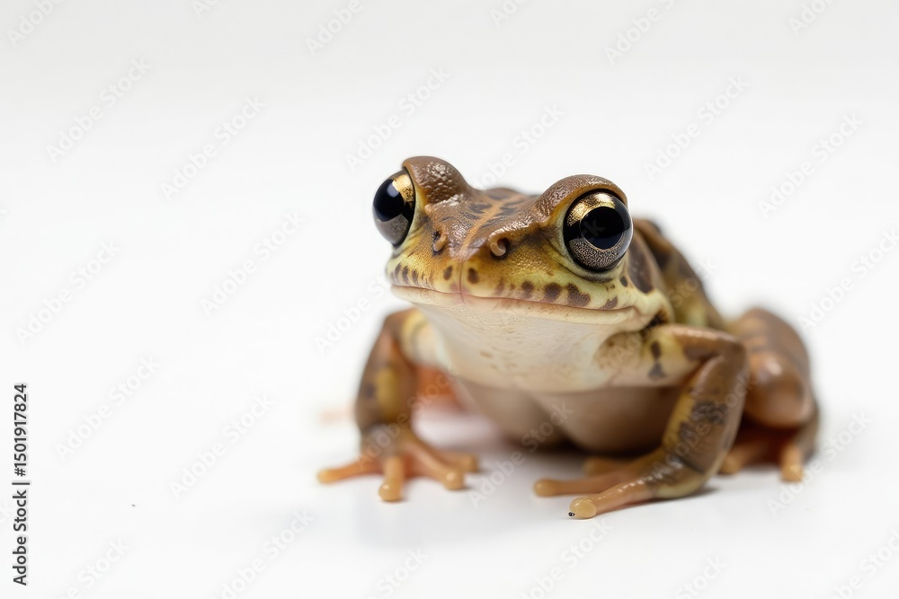 Fototapeta premium Single small brown frog on white, textured skin visible, stock photo, herpetology