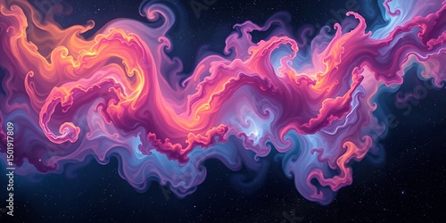 Artistic depiction of swirling nebula clouds with pink orange and blue hues in a dark space scene