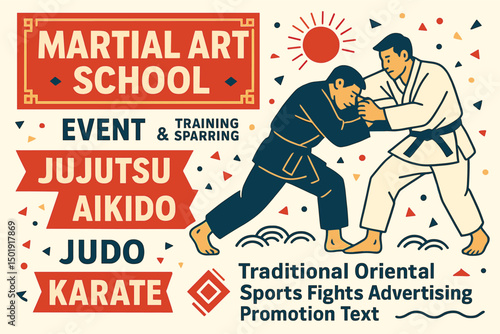 Design for a martial arts school event poster, incorporating traditional oriental and Asian sports fights for advertising purposes, highlighting jujutsu and aikido training, as well as judo and