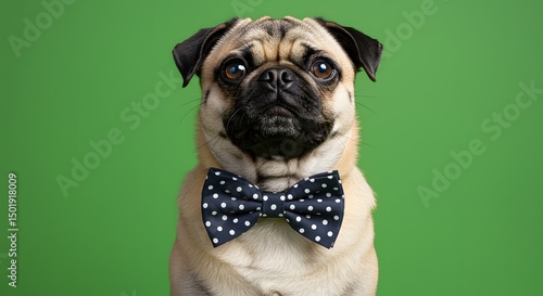 Funny Pug Wearing Polka-Dot Bow Tie Sitting Against Vivid Green Background