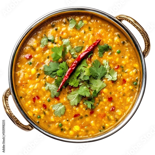 Dal tadka isolated on white background, garnished with cilantro and chili