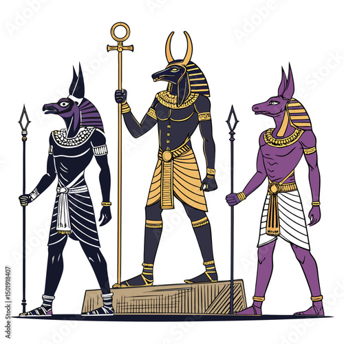 A majestic crest depicting Osiris, Isis, and Horus, three Egyptian deities, in a stylized art deco throne design.