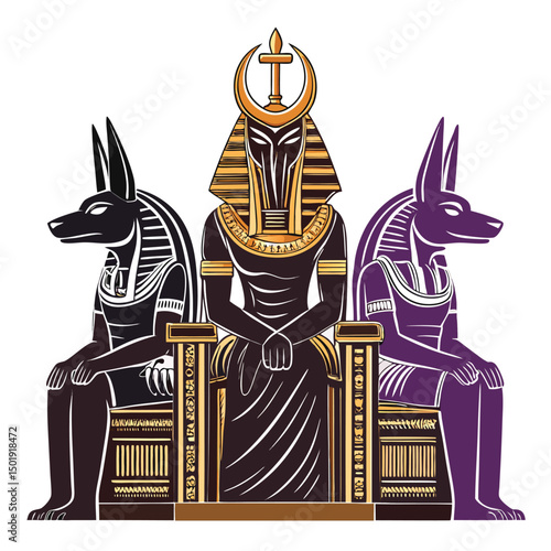 Design a majestic throne crest featuring Osiris, Isis, and Horus, depicted in stylized ancient Egyptian art, incorporating hieroglyphs and symbolic elements.