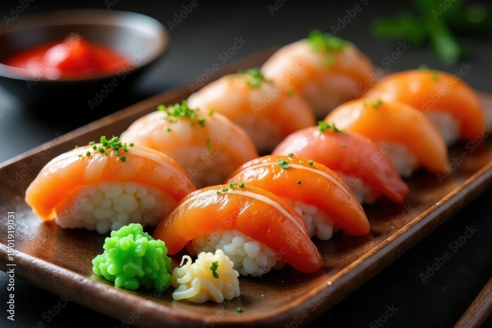 Vibrant sushi platter, chopsticks, wasabi, ginger, rice, ingredients, clean Vibrant sushi platter, chopsticks, wasabi, ginger, rice, ingredients, clean