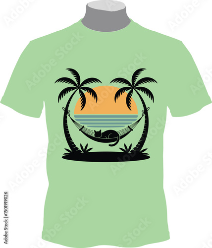 Cat, Hammock, Palm, Trees, Sunset - Relaxing T-Shirt Design