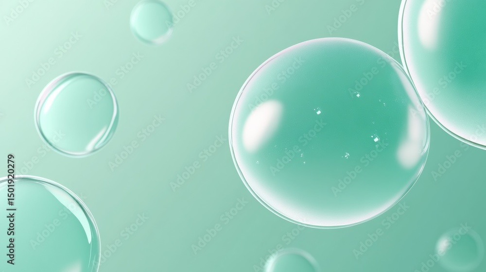 Glossy transparent bubbles on mint green background. Minimalist, smooth, clean design with soft glow Glossy transparent bubbles on mint green background. Minimalist, smooth, clean design with soft glow