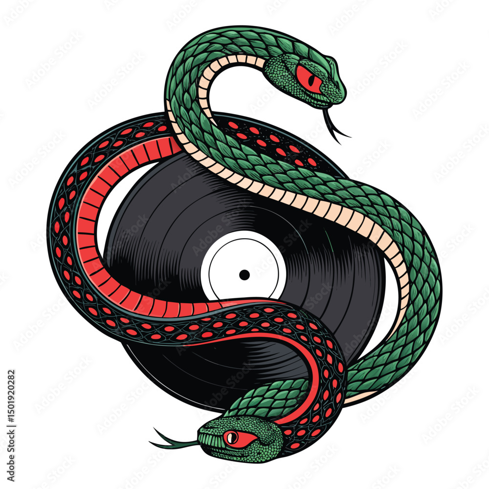 Obraz premium A vibrant green two-headed snake intricately coiled around a vintage green vinyl record, creating a surreal and striking image.