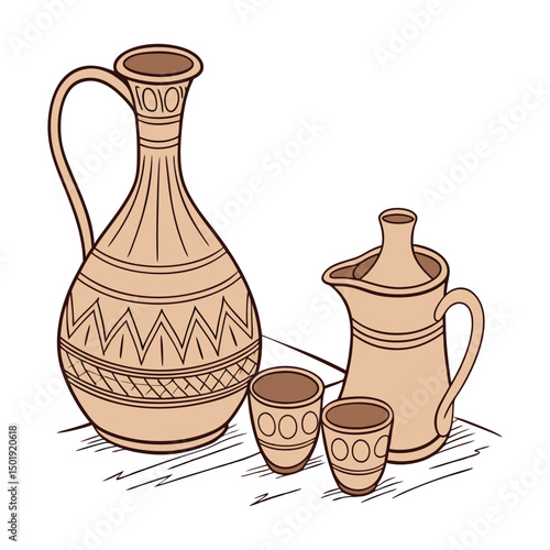 A set of Clay water glass and jugs with vector white background