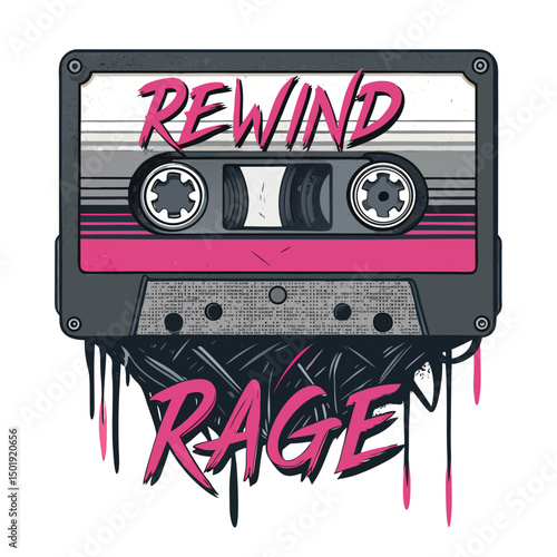 A VHS tape melting into a digital glitch, displaying vibrant colors and distorted rewind symbol 'R'.  Distressed, retro aesthetic.