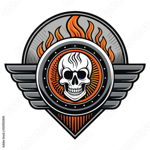 A detailed close-up of a radiator cap badge, featuring a skull emitting smoke shaped like heat waves.  High-resolution, realistic rendering.