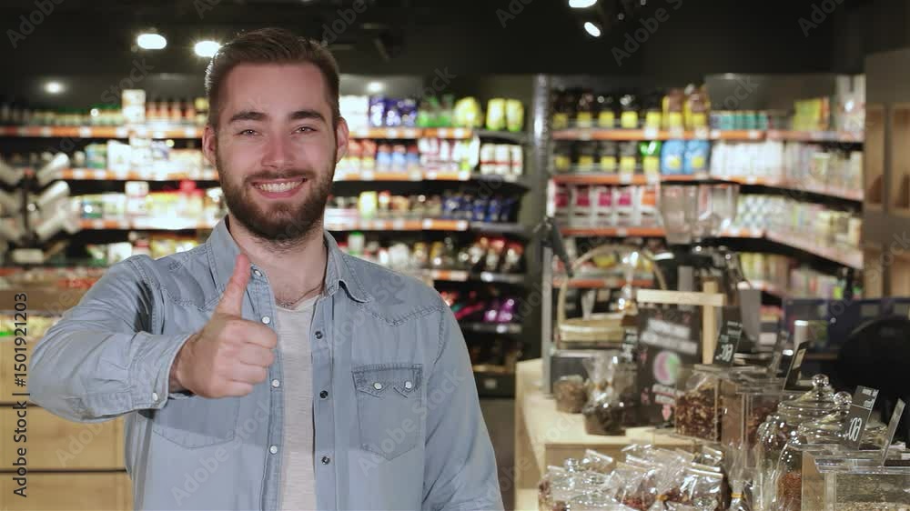 Cheerful man giving a thumbs up in a vibrant supermarket Cheerful man giving a thumbs up in a vibrant supermarket