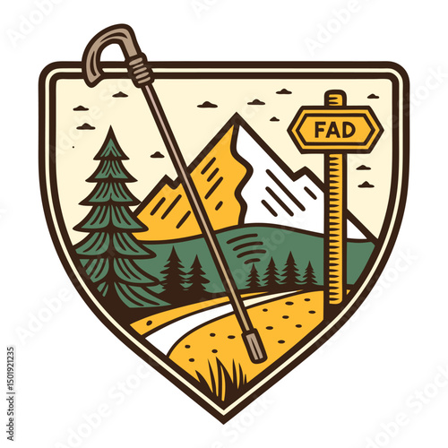 Design a vintage-style hiking club badge featuring a walking stick and the initials "MO".  Include intricate details and a classic aesthetic.
