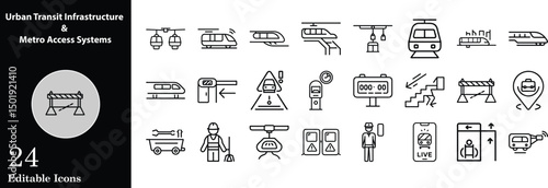 Urban transportation outline icons collection features trains gondolas barriers turnstiles workers and other metro access related symbols
