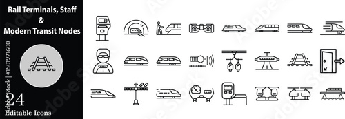 Rail transportation outline icon set featuring trains subway stations and various transit elements for modern city travel