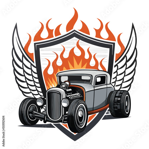 Design a vector crest featuring a hot rod rat rod, flames erupting from the hood, and intricate detailing, suitable for a vintage car club logo.