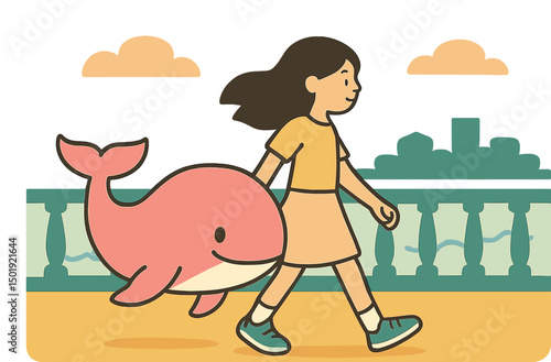 The girl is walking along the embankment in summer with her friend, a pink whale, in a vector illustration