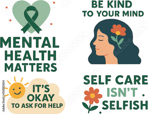 Inspirational quotes and positive messages promoting mental wellbeing are featured on various products including T-shirts, mugs, and posters