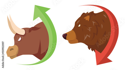 Flat Vector Illustration of Bull and Bear Market Concept with Arrows