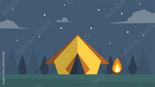 Flat Vector Illustration of Night Camping Scene with Tent and Campfire Under Starry Sky