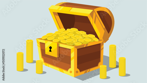 Flat Vector Illustration of an Open Treasure Chest Filled with Gold Coins