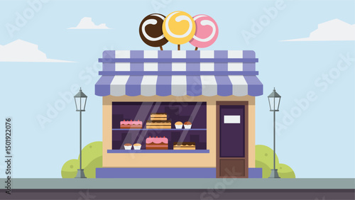Flat Vector Illustration of a Colorful Candy and Cake Shop Storefront