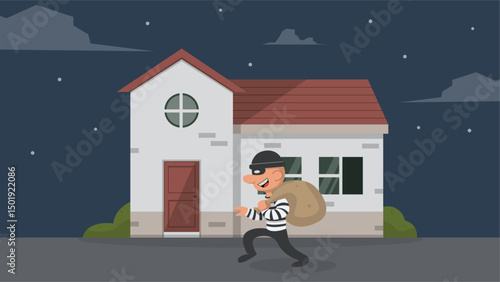 Flat Vector Illustration of a Burglar Robbing a House at Night