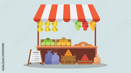 Flat Vector Illustration of a Farmers Market Fruit Stand with Fresh Produce