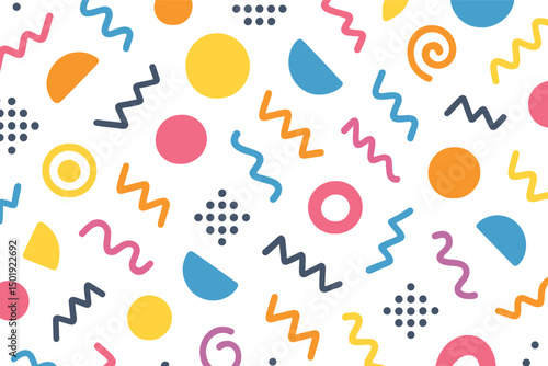 A Memphis geometric seamless pattern features a multicolor abstract background reminiscent of the retro 80s and 90s style, incorporating various shapes such as circles, semicircles, dots, zigzags