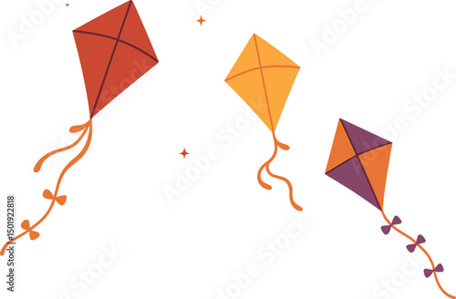 Vector cartoon flat isolated illustration of a sunset sky with evening pink background featuring flying kites and night floating clouds or an orange dawn clear landscape with warm morning or dusk air