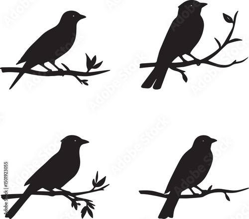 A set of four bird silhouettes perched on tree branches. This artwork is digitally enhanced using AI and manually edited for quality.