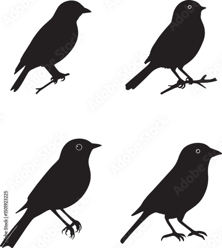 This artwork is digitally enhanced using AI and manually edited for quality. Silhouette Set of Small Birds – Vector Illustration