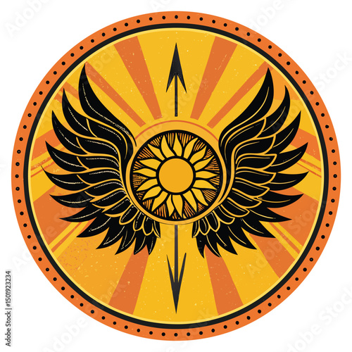 A winged solar disk, radiating light rays stylized as graffiti street art tags, vibrant colors, intricate details.