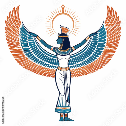 A radiant Isis, goddess of magic, with majestic wings, in a ceremonial pose, emitting a divine glow.  Intricate details, vibrant colors.